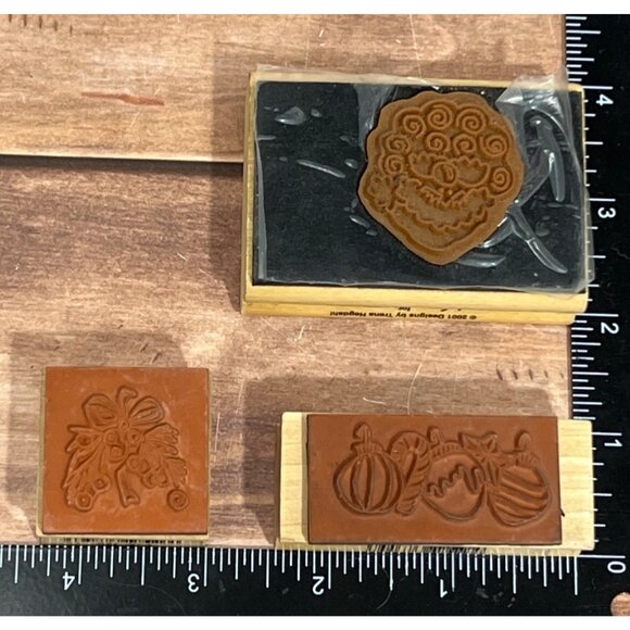 VINTAGE SET OF 3 WOOD MOUNT RUBBER STAMPS SANTA ORNAMENT MISTLETOE BY WESTWATER - Picture 6 of 6